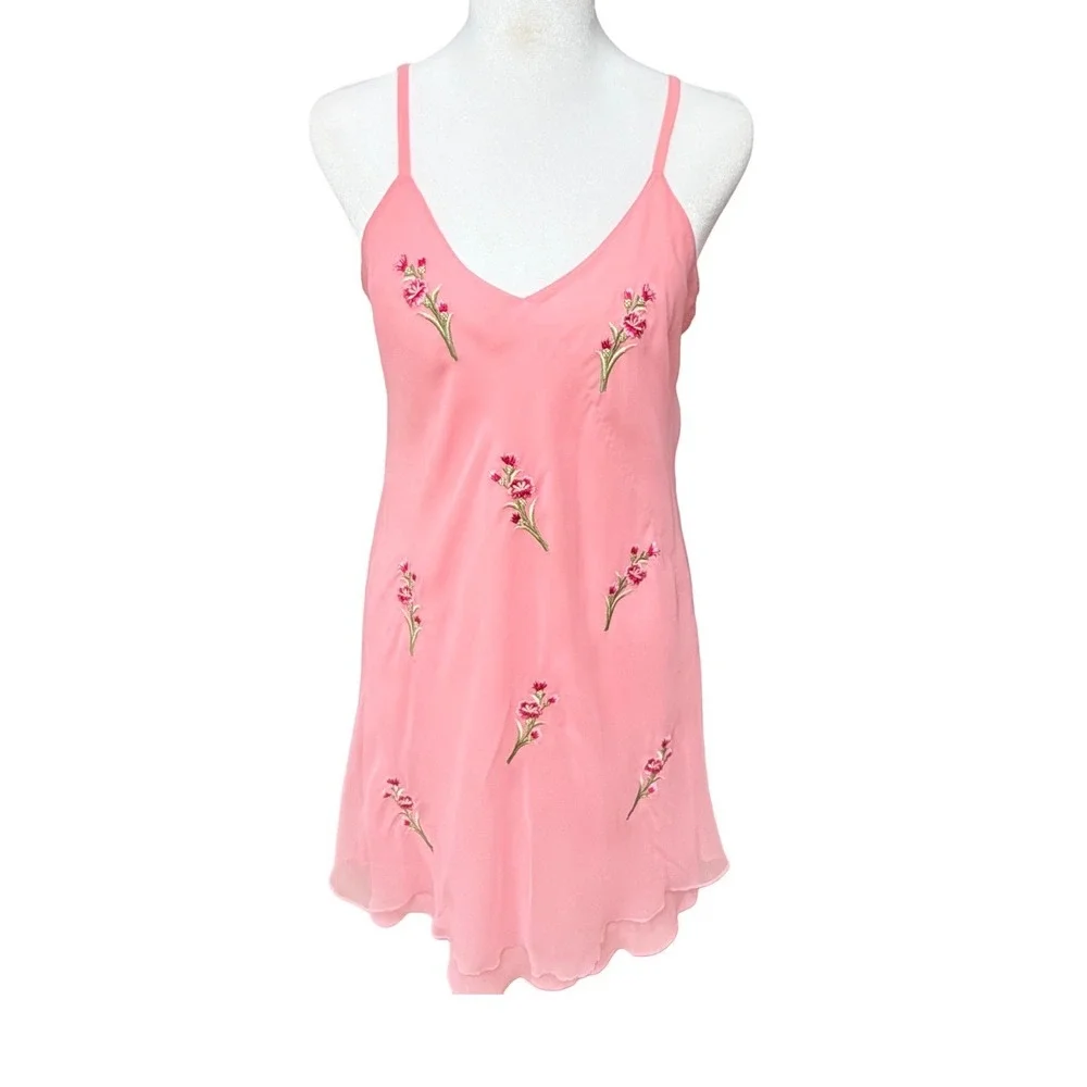 Vintage Victorias Secret Gold Label Pink Floral Embroidered Slip Dress Small 90s